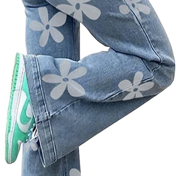 Women's Flower Print Y2K Fashion Wide Leg High Waist Denim Pants Boyfriend Jeans - Picture 3 of 6